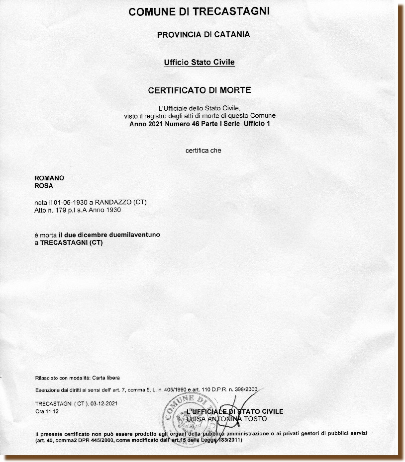 CERTIFICATO DI MORTE - ROMANO Rosa - 2 DICEMBRE 2021 